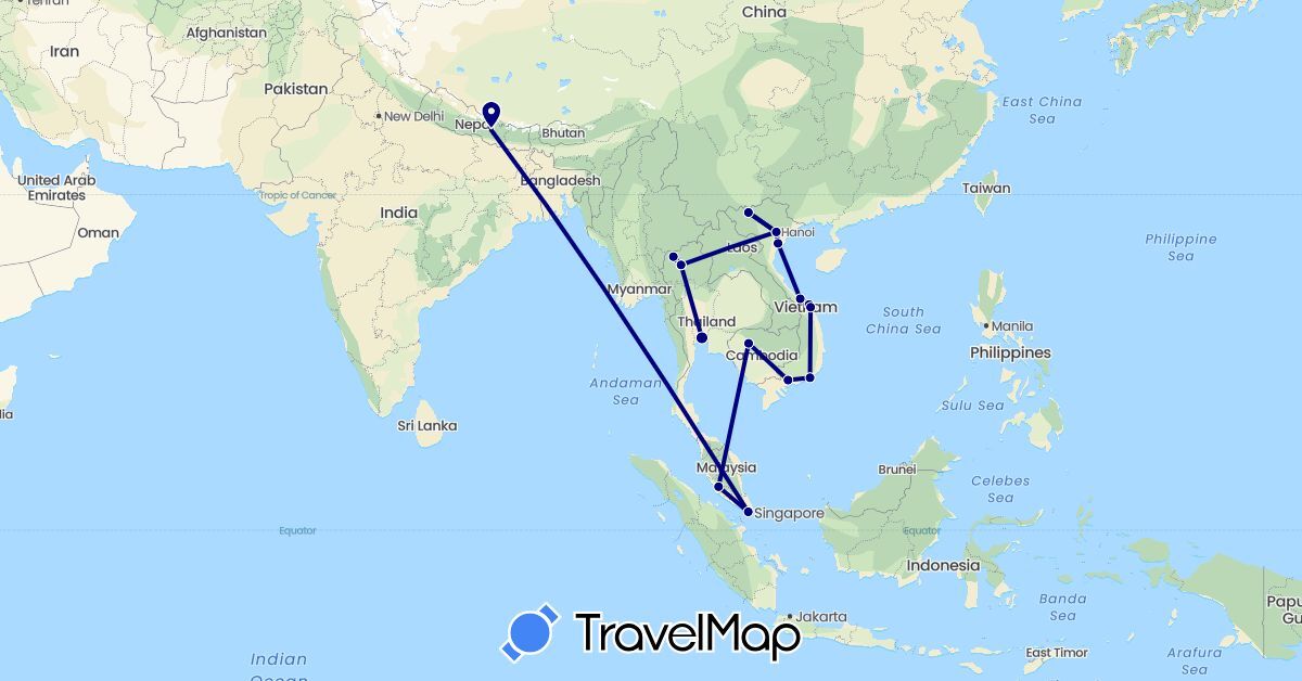 TravelMap itinerary: driving in Cambodia, Malaysia, Nepal, Singapore, Thailand, Vietnam (Asia)
